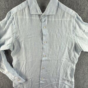 Eleventy Button Up Shirt Striped Blue White Long Sleeve Linen Woven Medium Adult